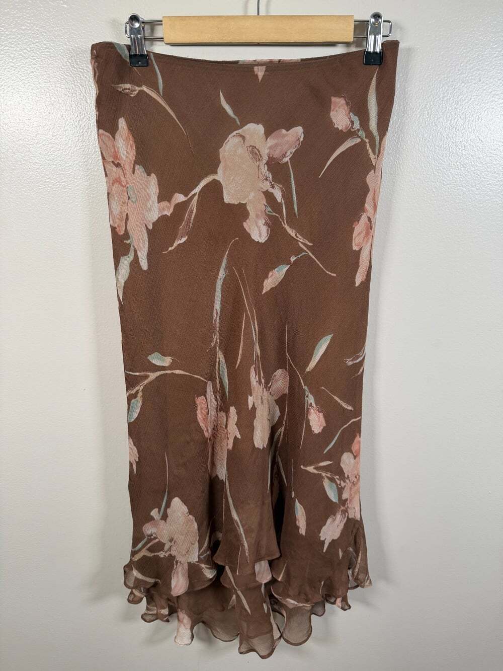 Vintage Lauren Ralph Lauren Silk Midi Skirt Size 4 Brown Floral Fairy Romantic